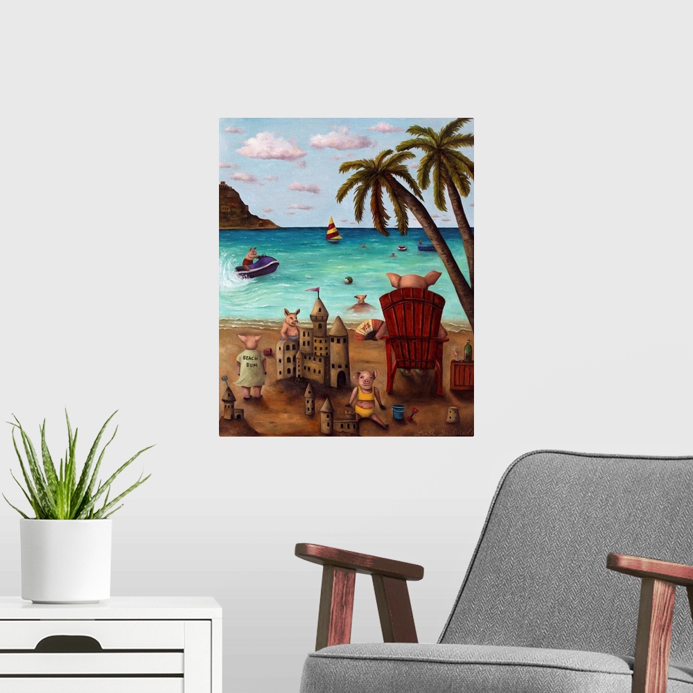 A modern room featuring Surrealist painting of a family of pigs on a beach enjoying the sun.