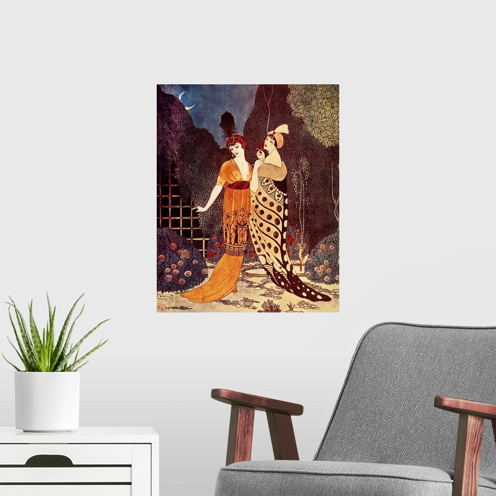 A modern room featuring Artwork of a vintage fashion illustration of women displaying elaborate dresses outdoors under a ...