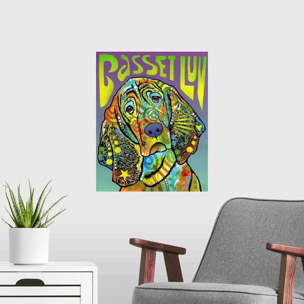 A modern room featuring "Basset Luv" written above a colorful portrait of a Basset Hound with abstract markings.