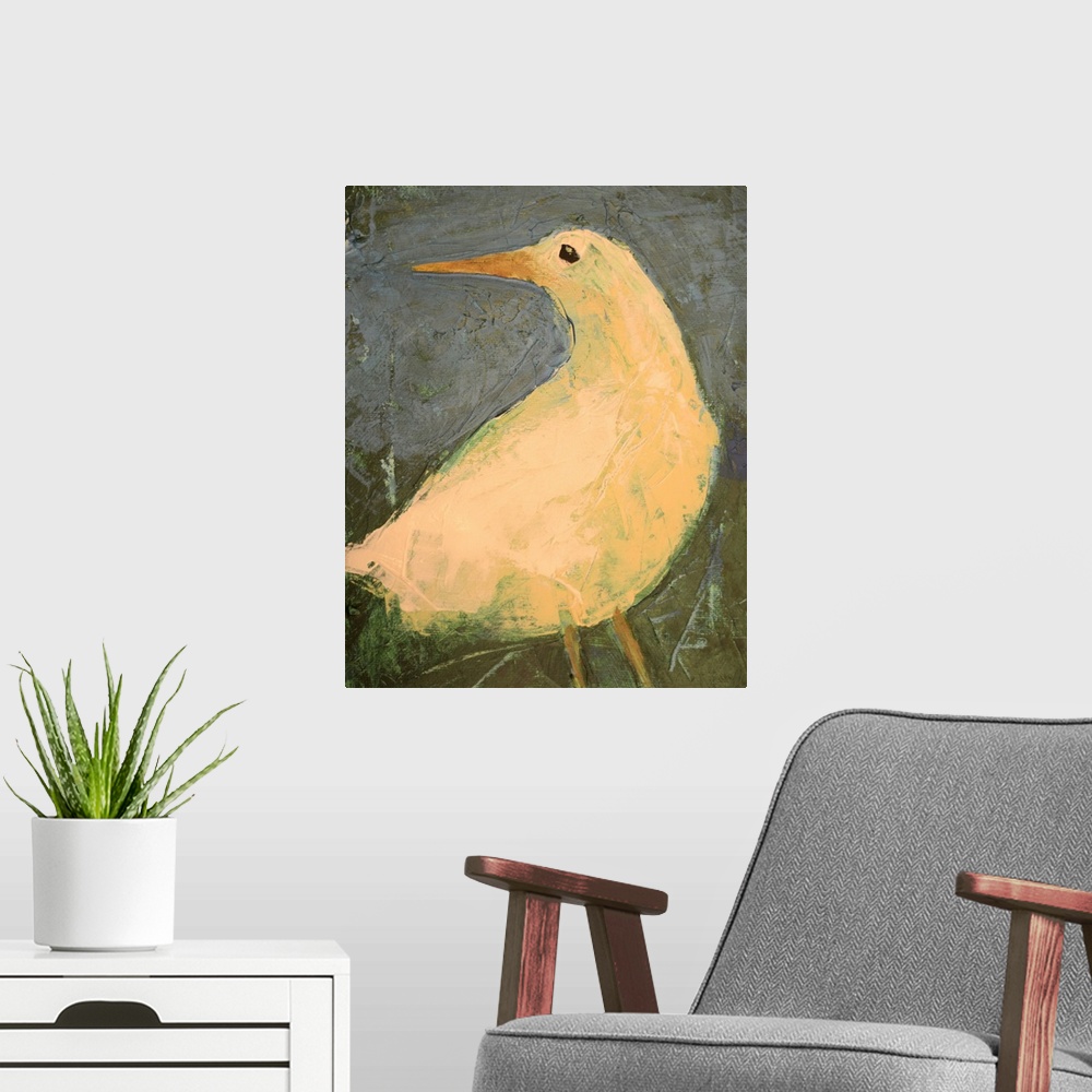 A modern room featuring Contemporary painting of a bird with a long thin beak.