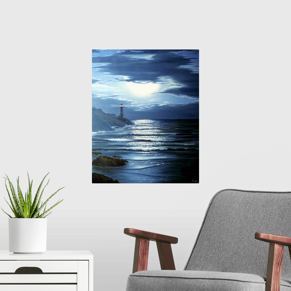 A modern room featuring Contemporary painting of waves crashing on the coastline at night, with a lighthouse in the dista...