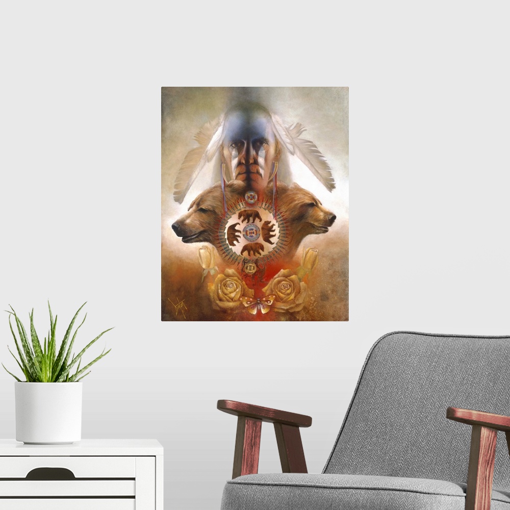 A modern room featuring A contemporary painting of a Native American man staring straight on with feathers in his hair an...