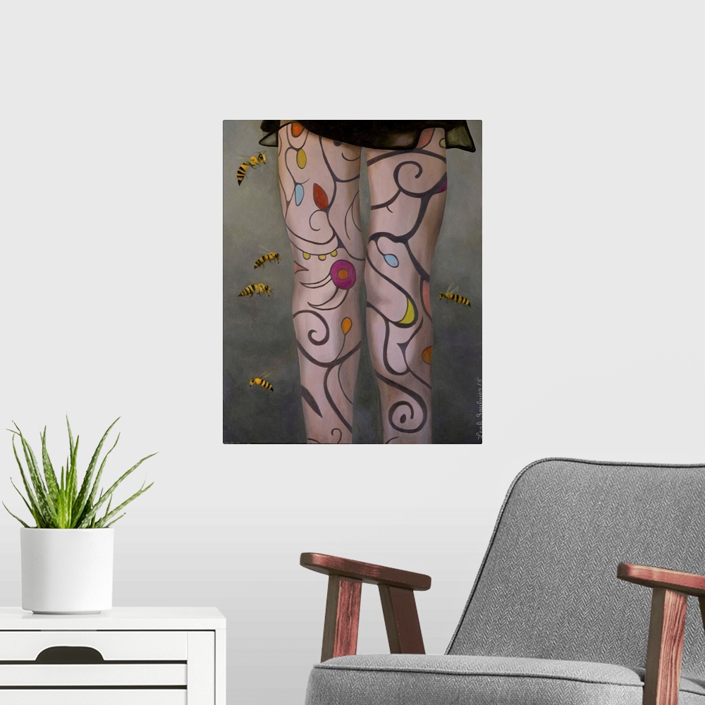 A modern room featuring Surrealist painting of a woman's legs with flowers and vines painted on them with bees hovering i...