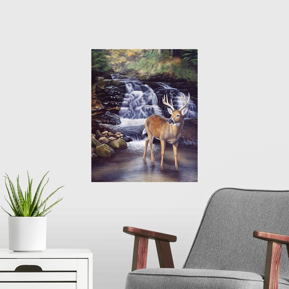 A modern room featuring Contemporary painting of a stag standing in a shallow river with a waterfall behind.