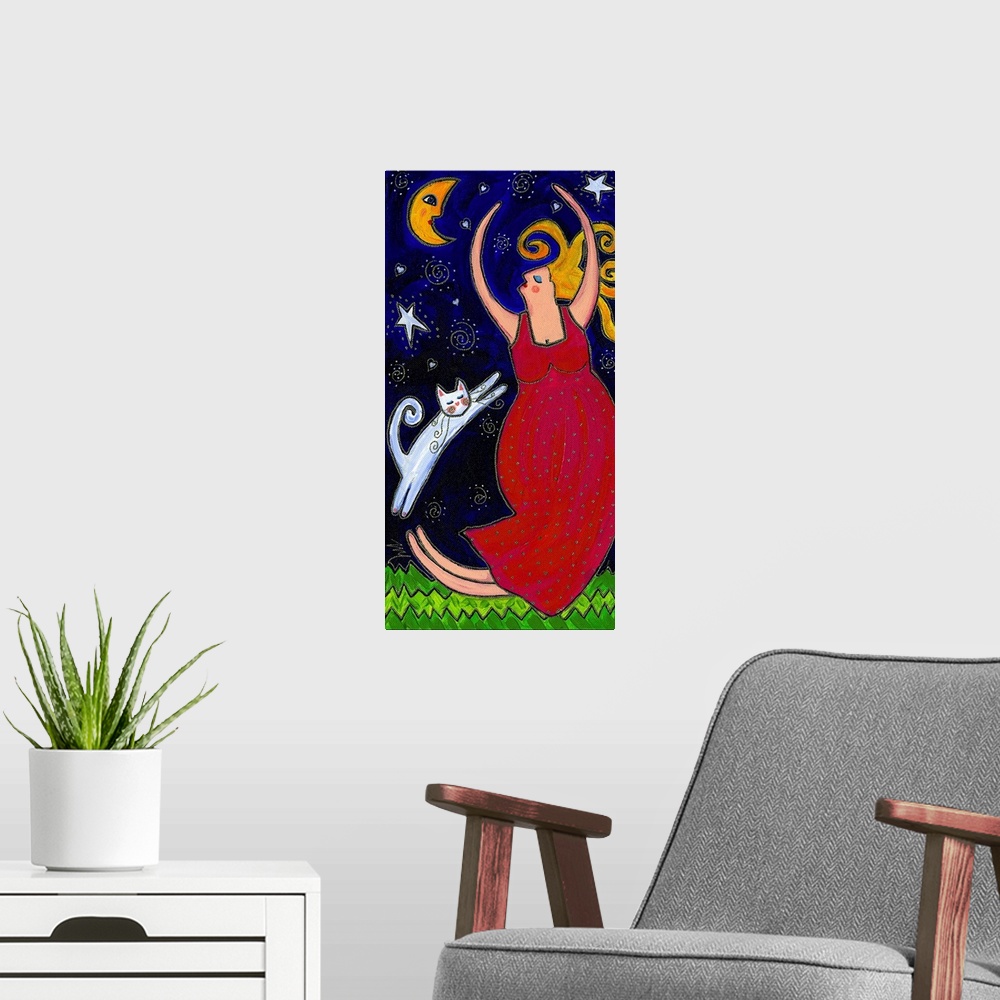 A modern room featuring A woman in a red dress with a white cat dancing under the moon.
