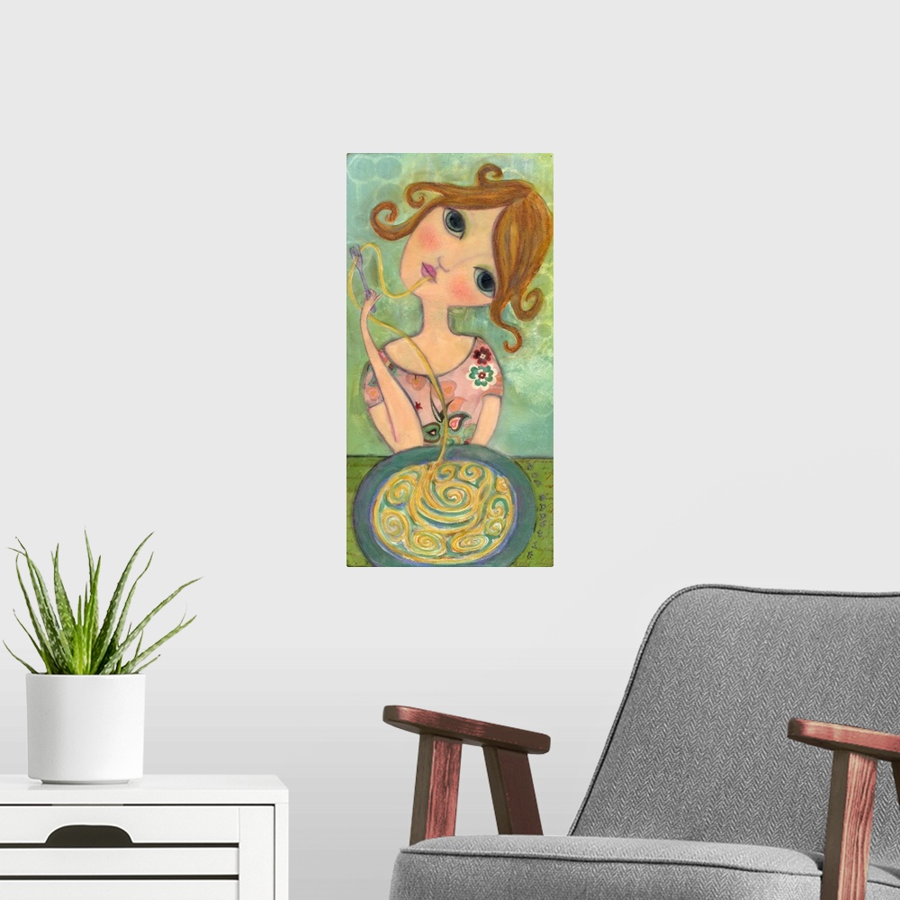 A modern room featuring A girl eating spaghetti, twirled on a fork.