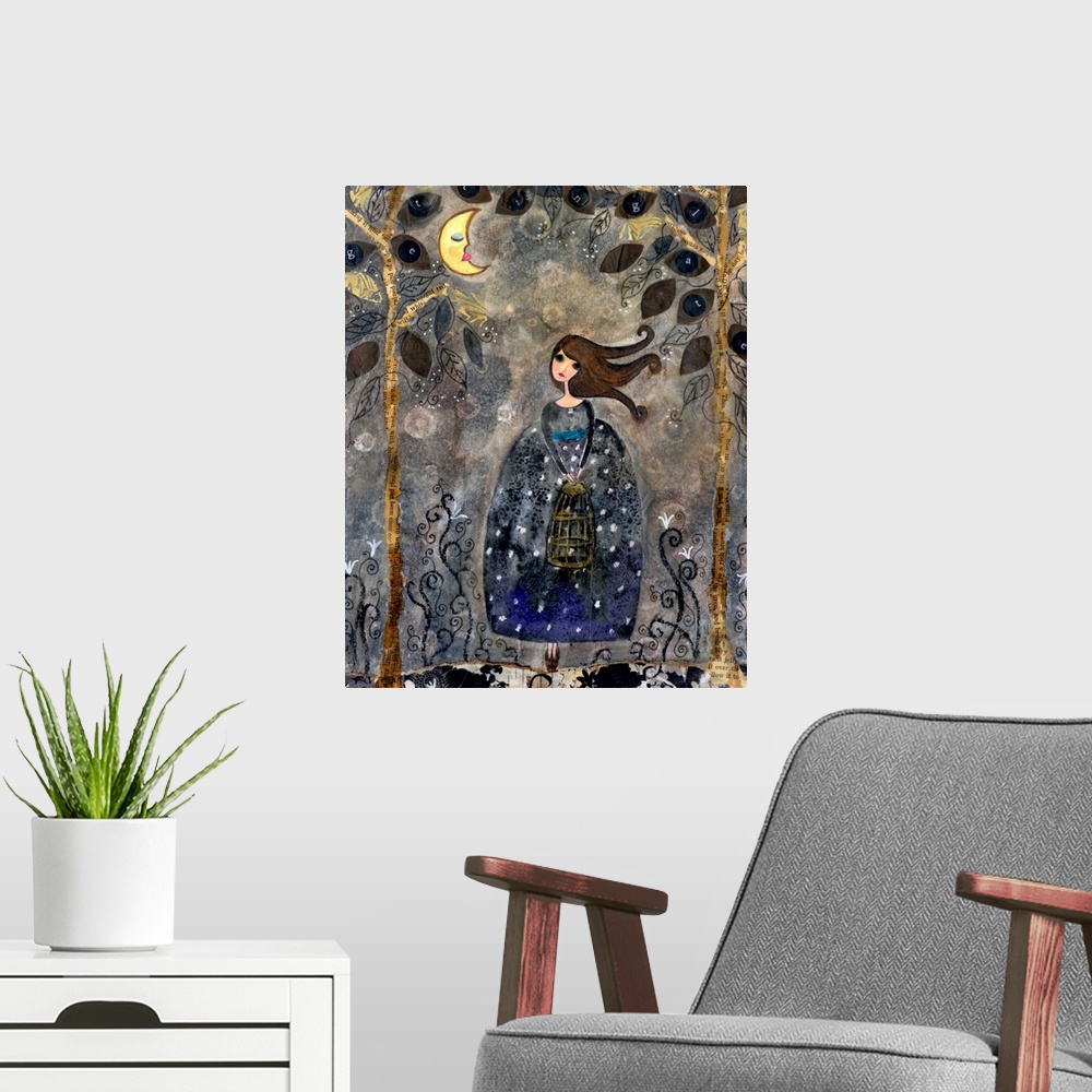 A modern room featuring A girl in a dark dotted dress in a forest under the moon.