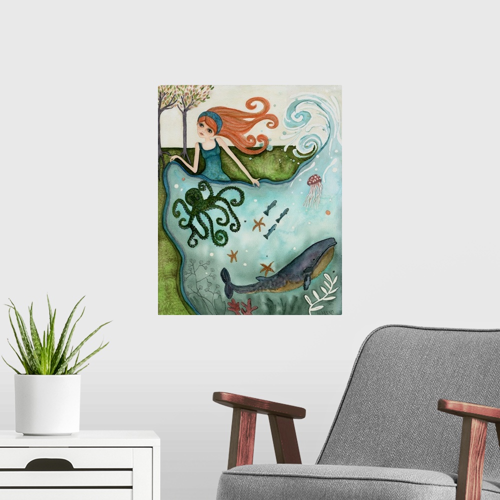 A modern room featuring A woman creating an ocean full of fish, octopus, and whales.