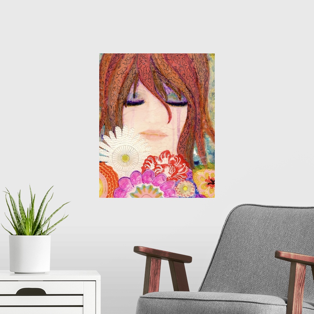 A modern room featuring A girl holding a bouquet of flowers near her face.