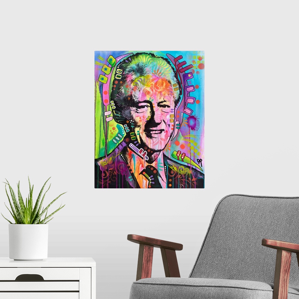 A modern room featuring Pop art style painting of Bill Clinton in different colors and covered in abstract designs.