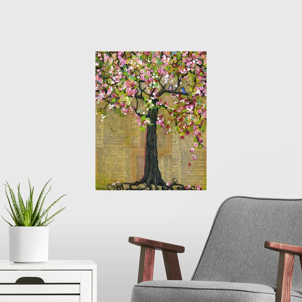 A modern room featuring Lighthearted contemporary painting of a flowering tree, against a newsprint background.