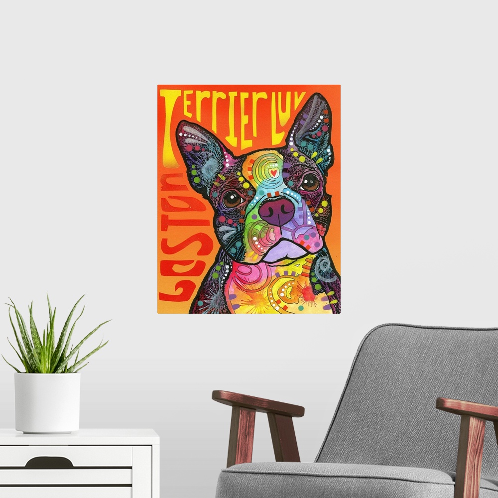 A modern room featuring "Boston Terrier Luv" written around a colorful painting of a Boston Terrier with abstract marking...