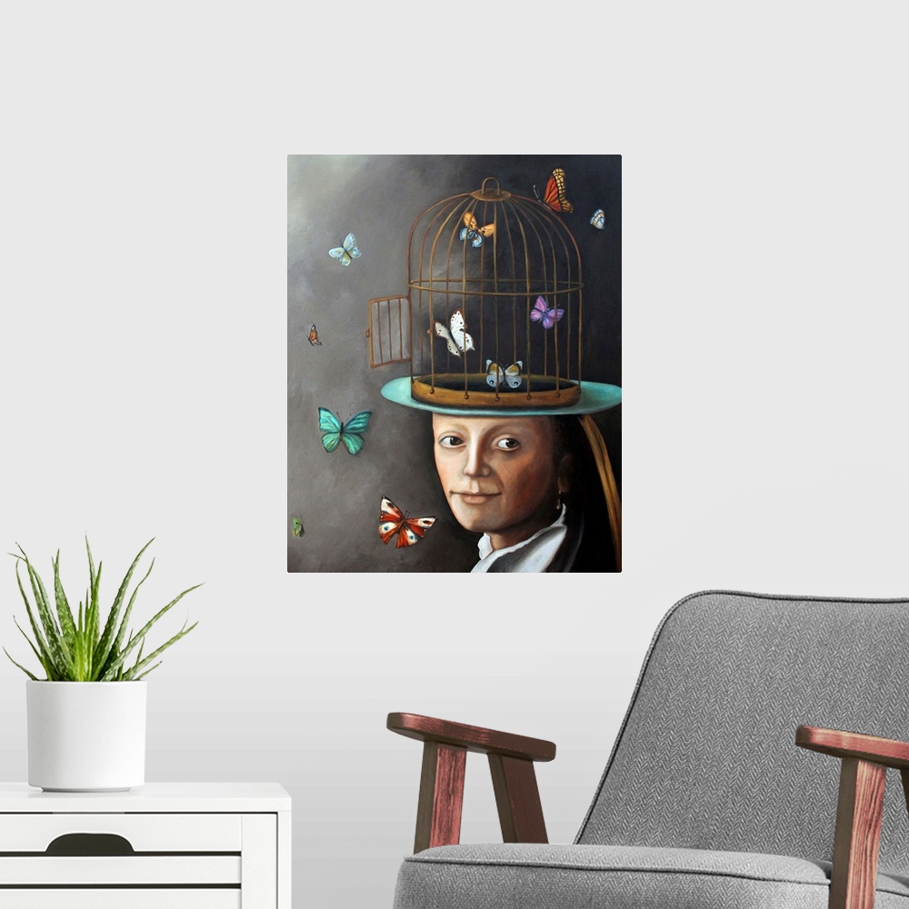 A modern room featuring Surrealist painting of a woman with the top half of her head as a cage with butterflies flying al...