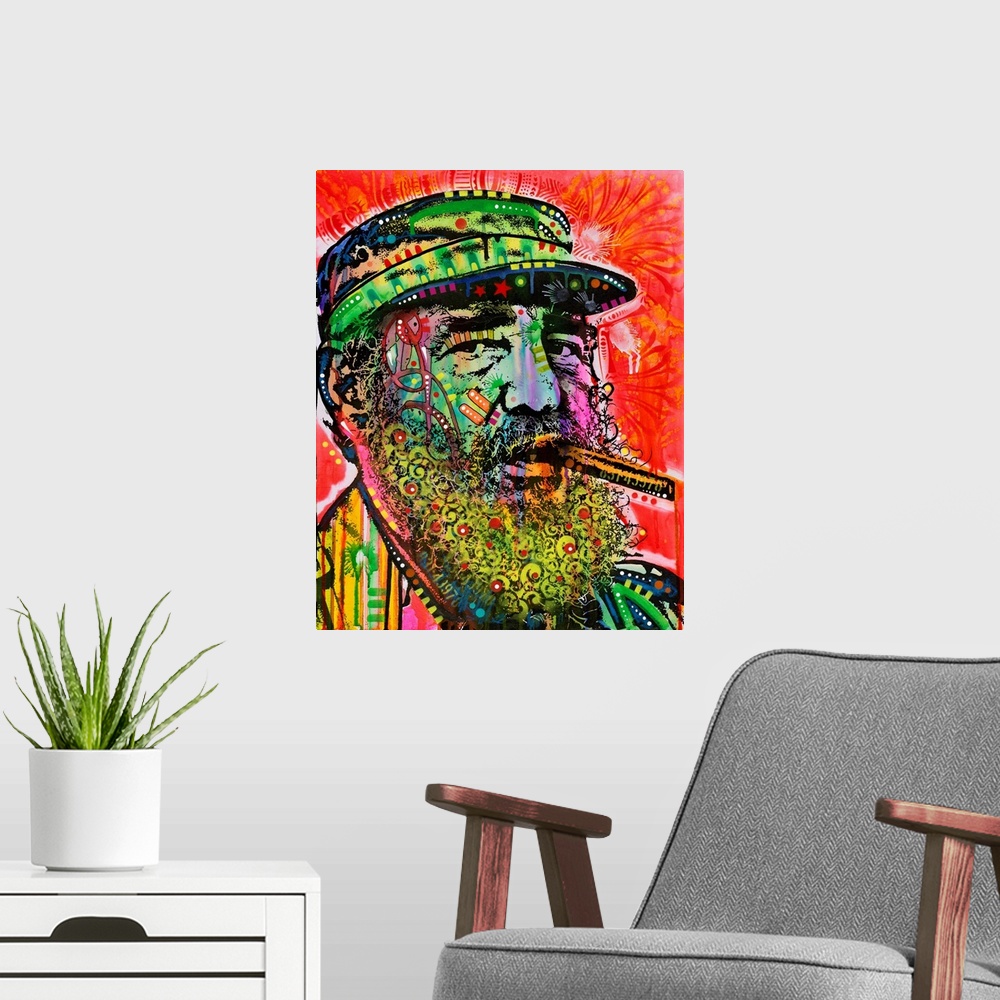 A modern room featuring Pop art style painting of Fidel Castro smoking a cigar with different colors and abstract designs...