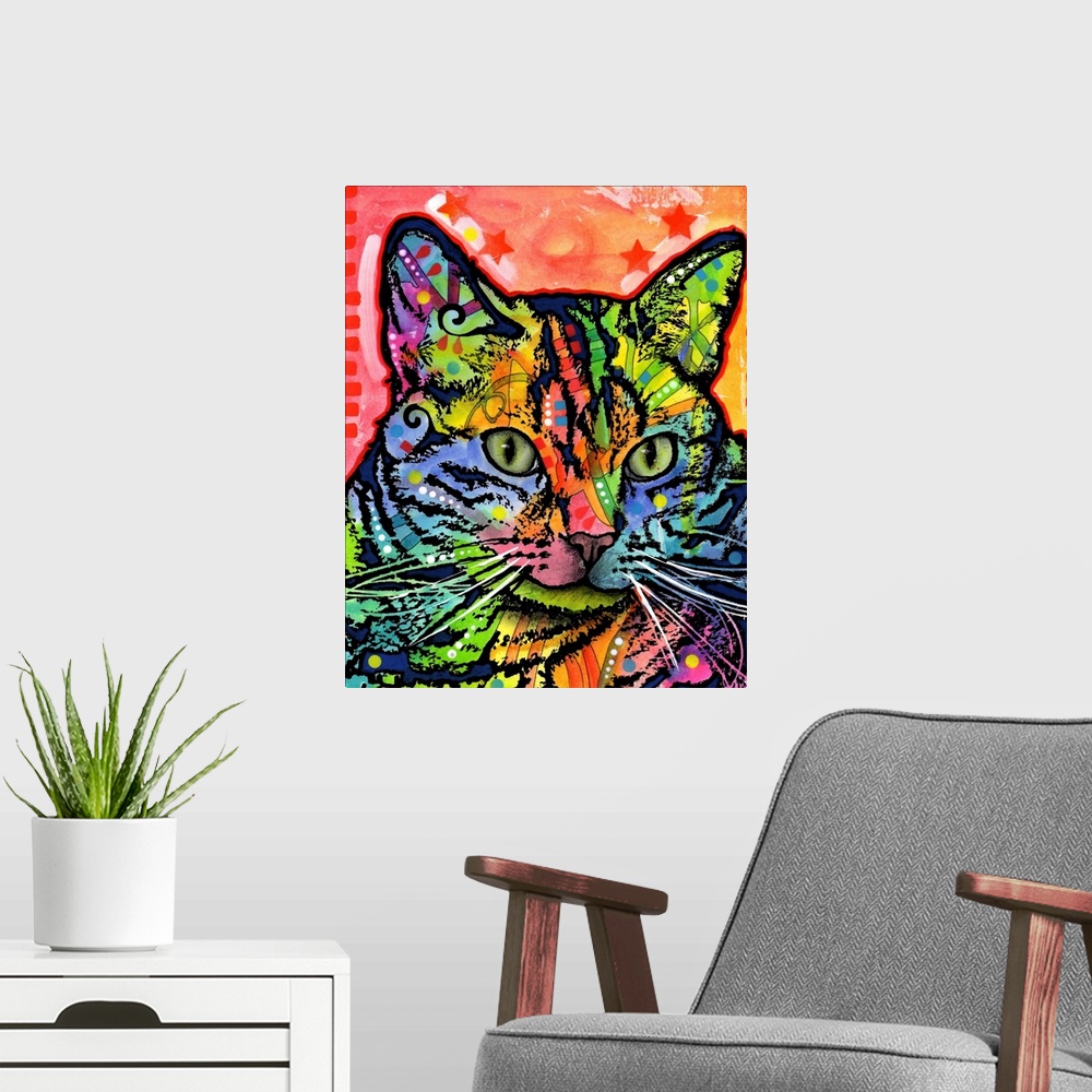 A modern room featuring Contemporary stencil painting of a cat filled with various colors and patterns.