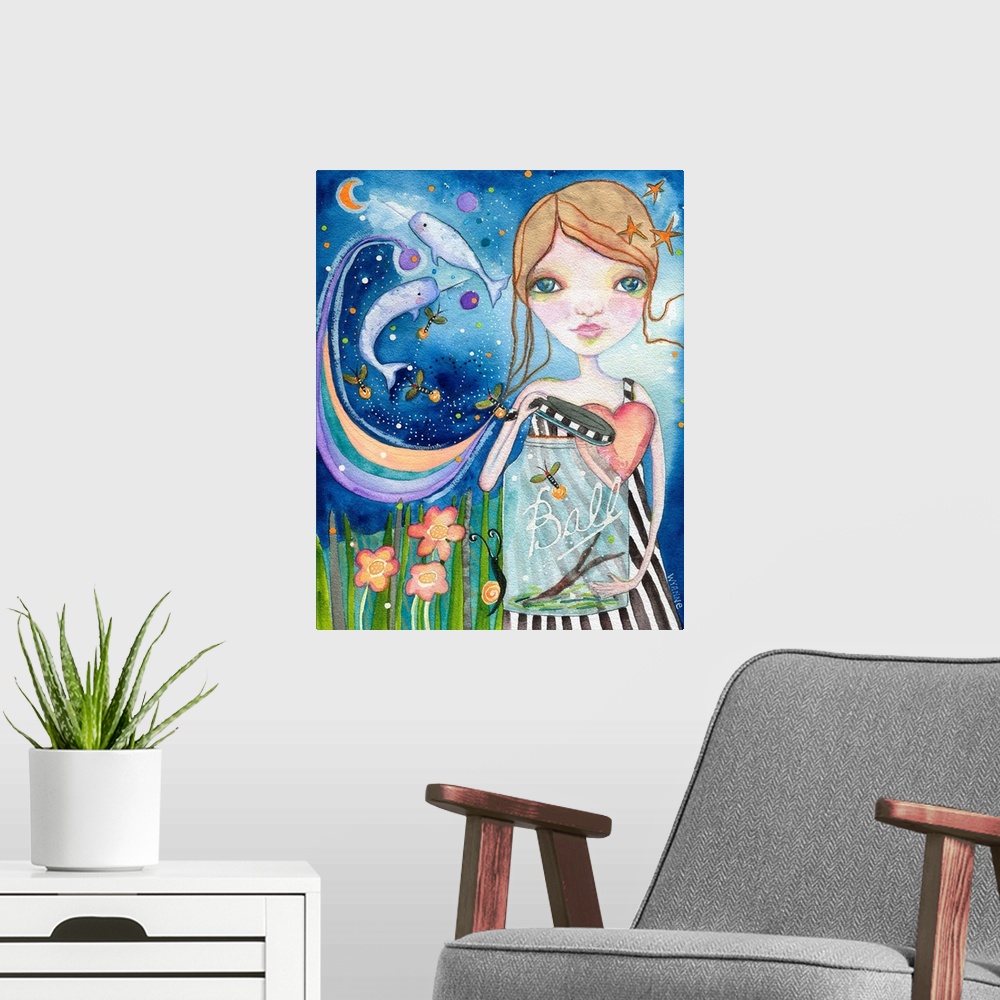A modern room featuring A girl holding a jar with whales flying out of it into the night sky.
