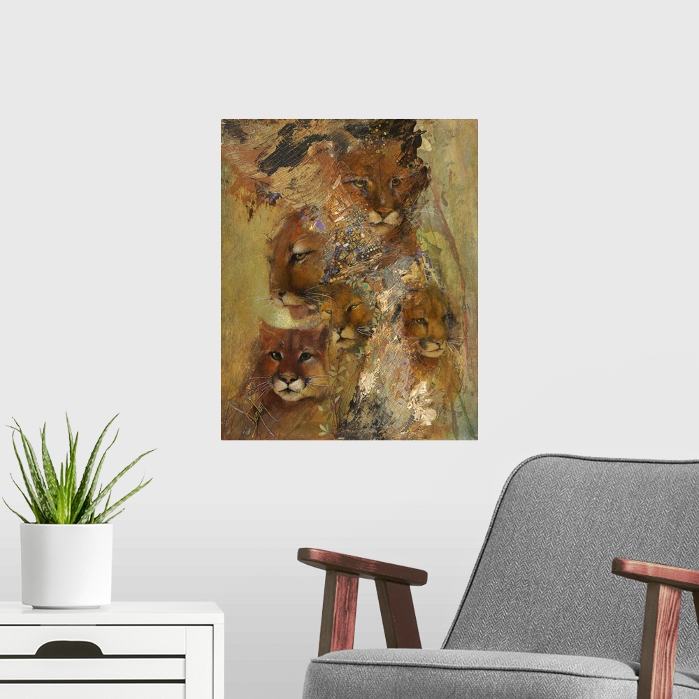 A modern room featuring Contemporary painting of wild cats and nature elements.