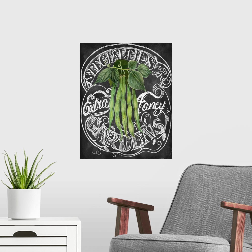 A modern room featuring Chalkboard-style sign for fresh produce from the Farmer's Market.