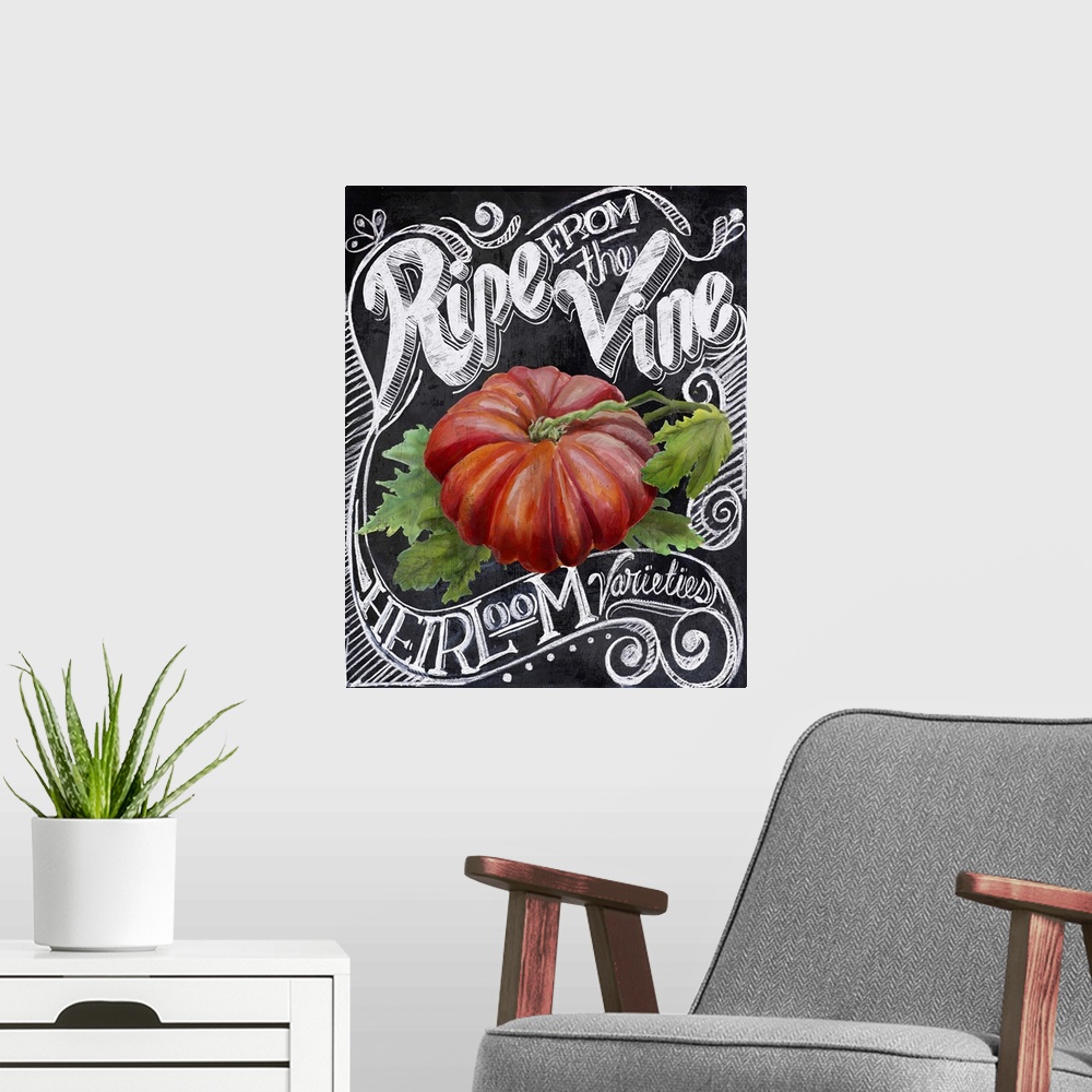 A modern room featuring Chalkboard-style sign for fresh produce from the Farmer's Market.