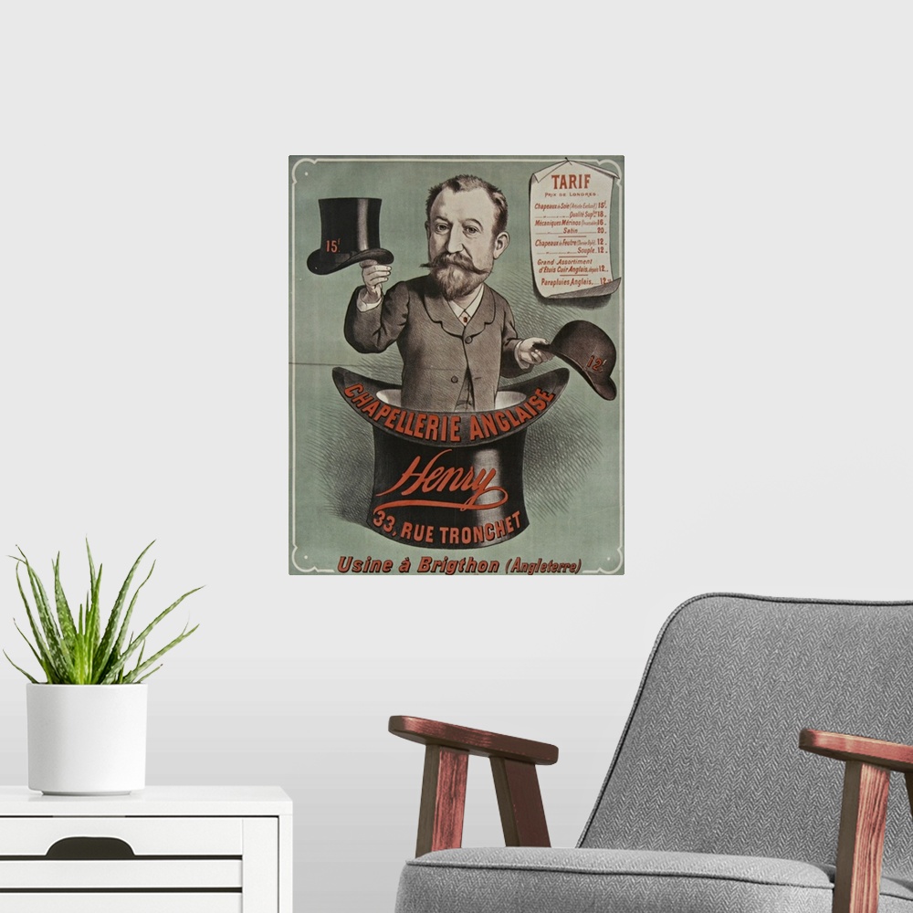 A modern room featuring Vintage poster advertisement for Chapellerie Anglaise.