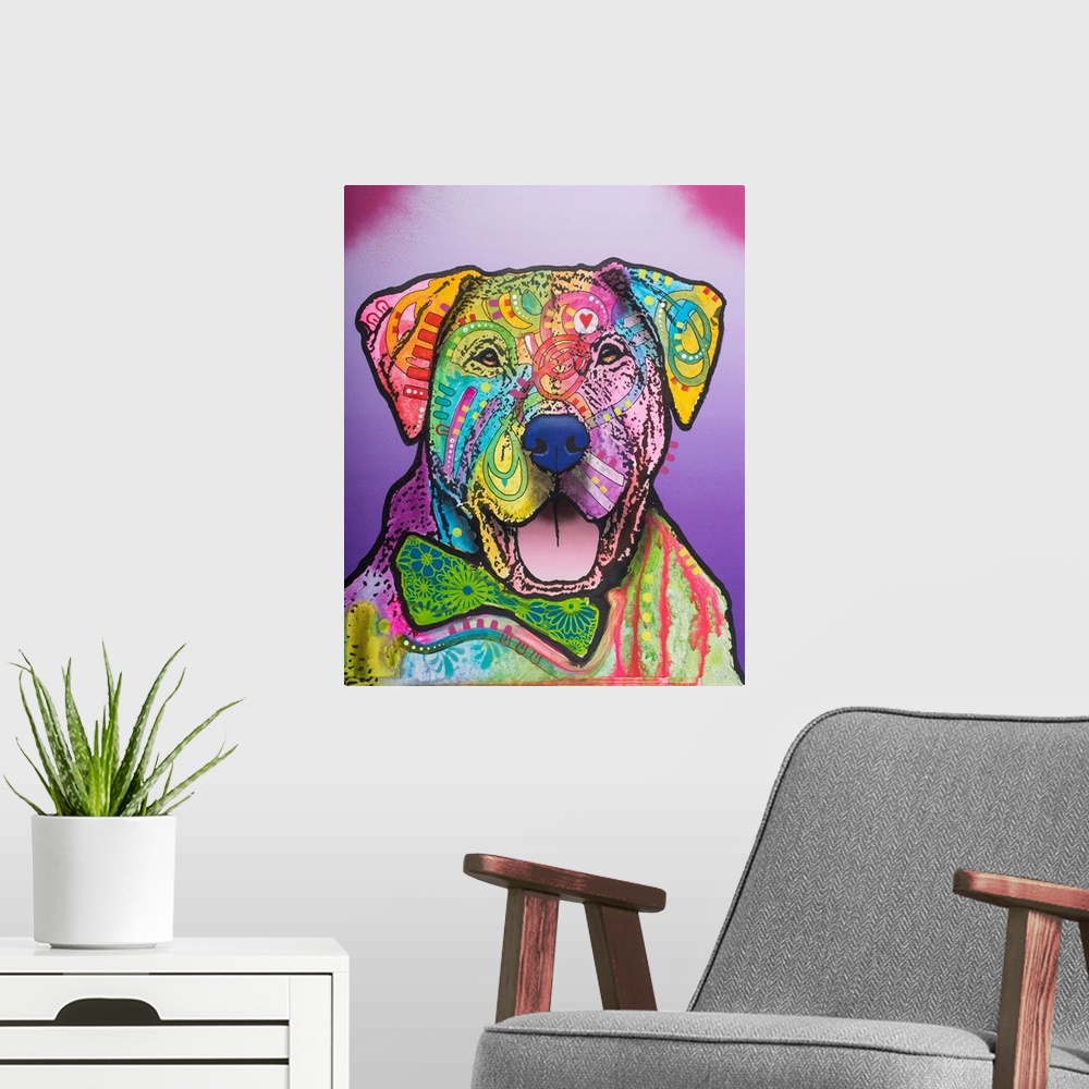 A modern room featuring Pop art style painting of a labrador wearing a floral bow tie and covered in colorful abstract de...