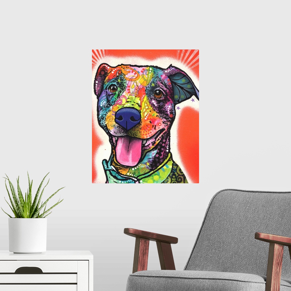 A modern room featuring Colorful painting of a happy dog on a red and white spray painted background.