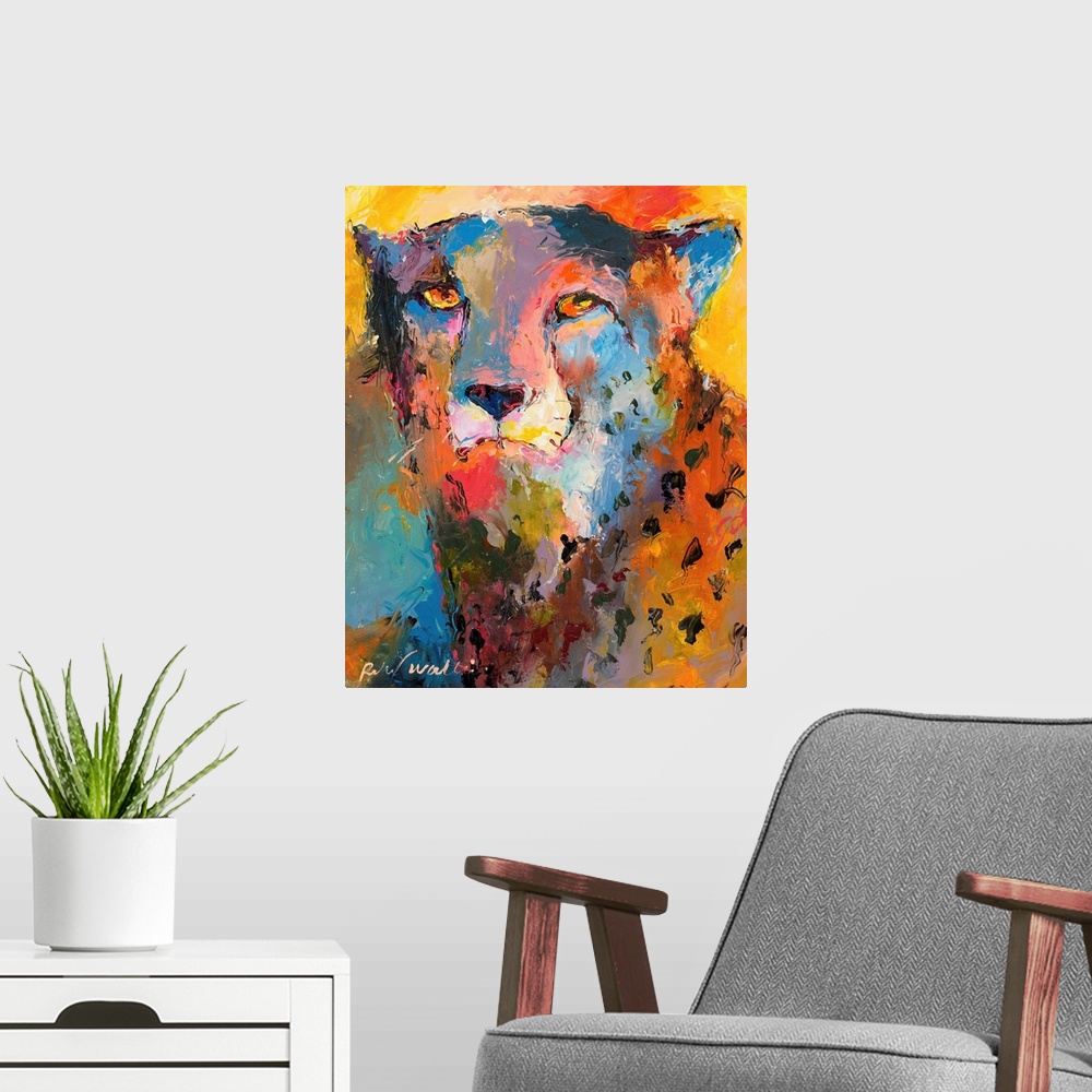 A modern room featuring Colorful abstract painting of a cheetah.