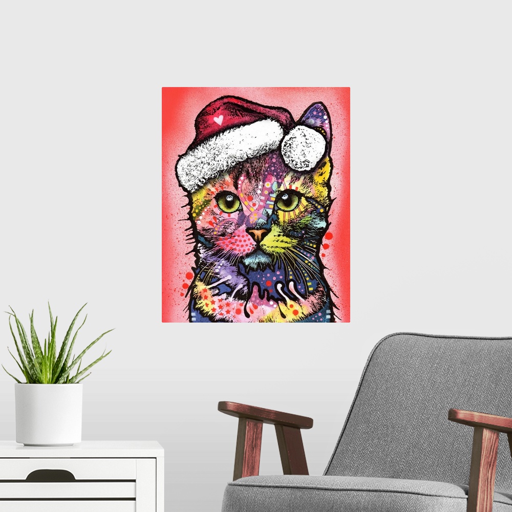 A modern room featuring Cute painting of a colorful kitten wearing Santa's hat on a red spray painted background.