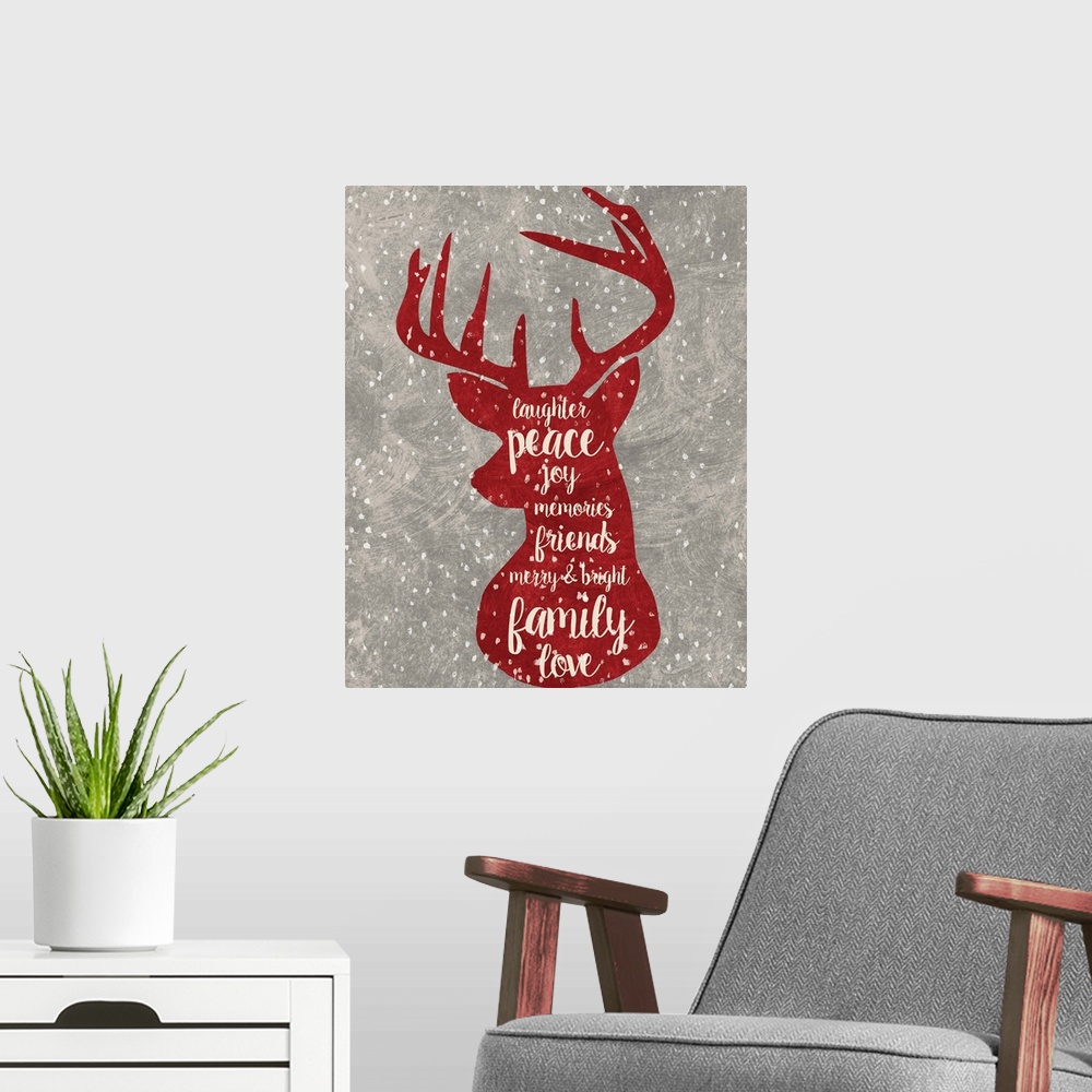 A modern room featuring Red reindeer outline with Christmas-themed words handwritten inside.