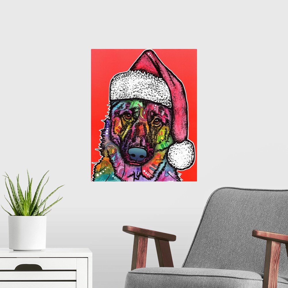 A modern room featuring Cute painting of a big dog wearing a Santa hat on a red background,