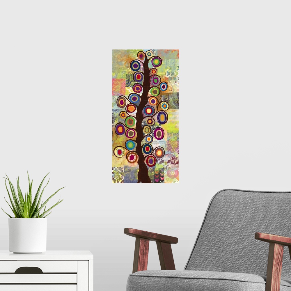 A modern room featuring Contemporary folk art painting of a tree with curled branches and round flowers on a patchwork-st...