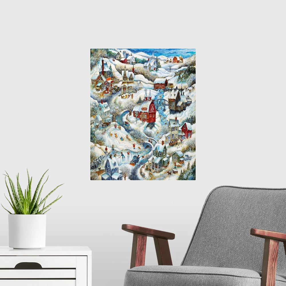 A modern room featuring Winter scene with a lot of small houses with children sliding and playing.