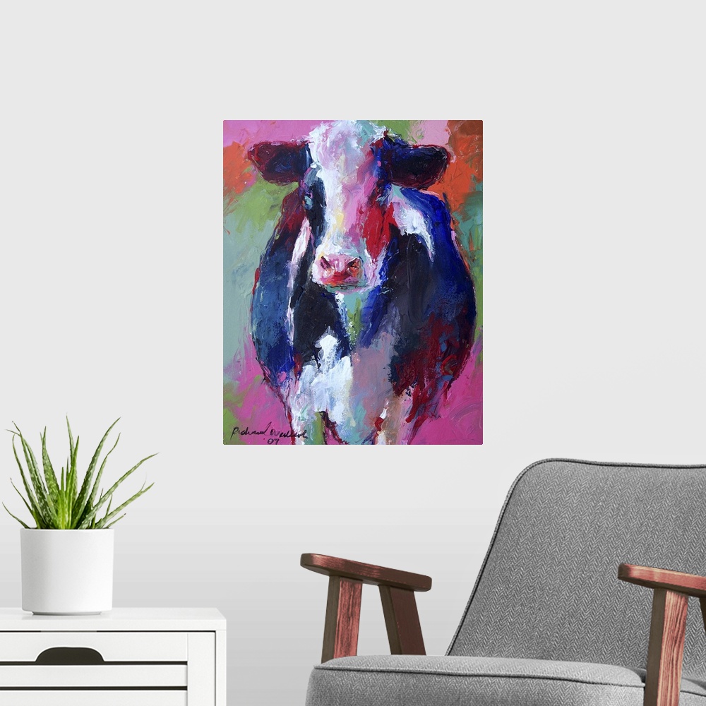 A modern room featuring Contemporary vibrant colorful painting of a cow.