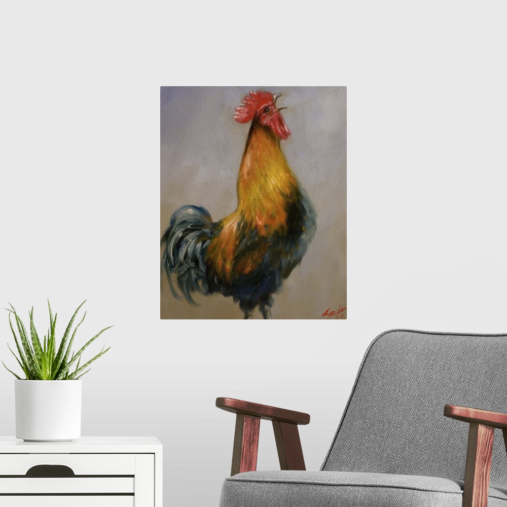 A modern room featuring Contemporary painting of a colorful rooster crowing.