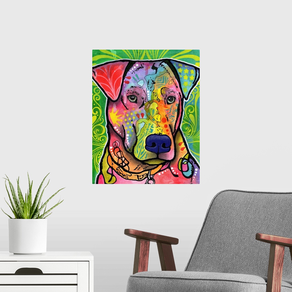 A modern room featuring Painting of a colorful dog with abstract markings on a green, yellow, and blue designed background.