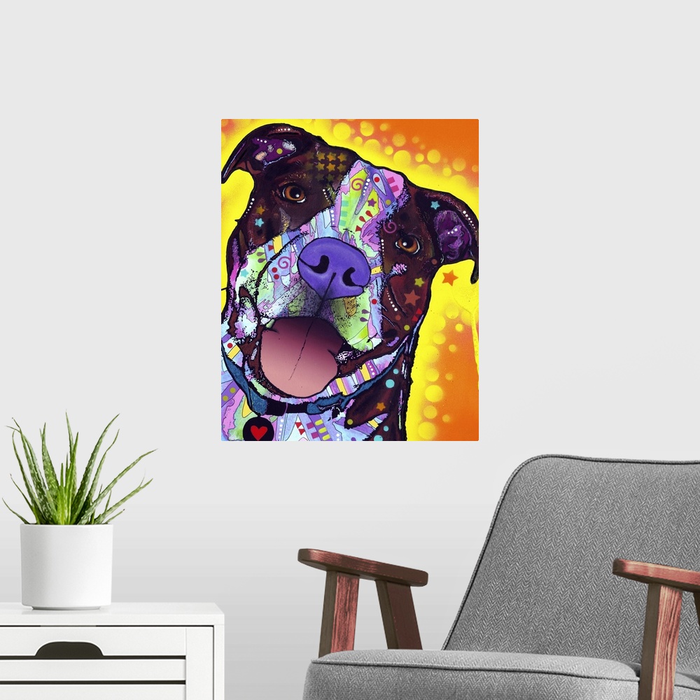 A modern room featuring Pit bull, dog, many colors
