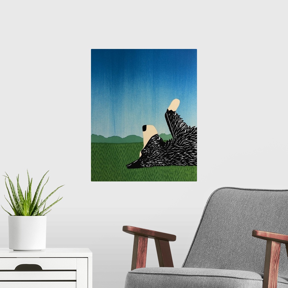 A modern room featuring Illustration of a border collie laying on its back on green grass with its paws in the air.