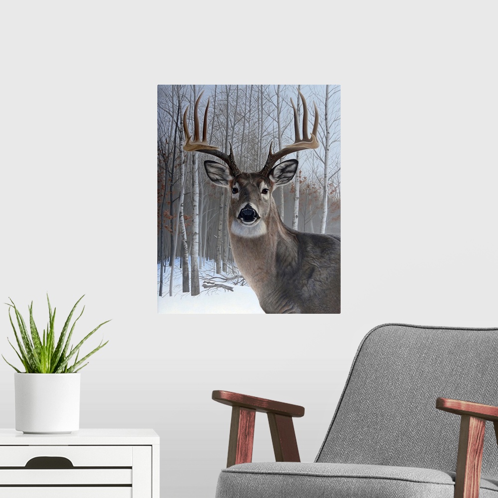 A modern room featuring Portrait of a deer with eight-point antlers.