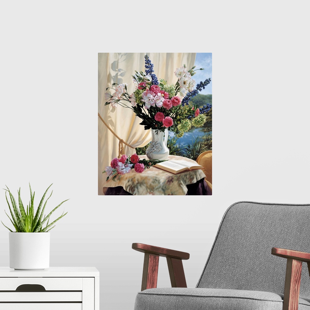 A modern room featuring Pink roses or peonies in a bouquet with other flowers in a vase on a table by a window with a boo...