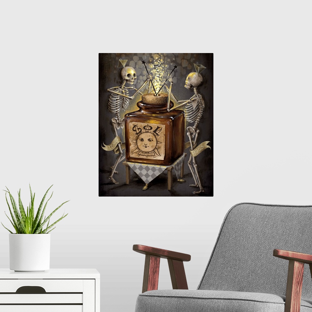 A modern room featuring Surrealist painting of two skeletons dancing around a giant corked glass bottle in the shape of a...