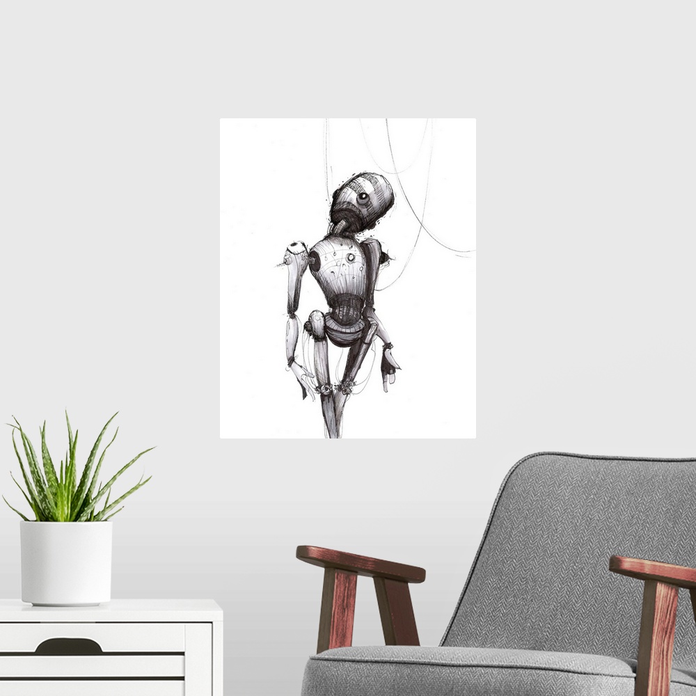 A modern room featuring Illustration of a gray robot looking pensive.