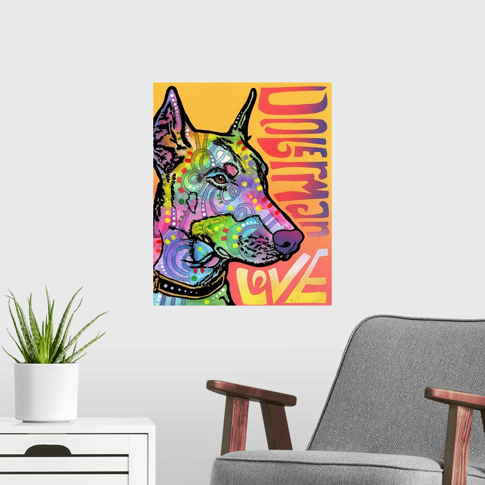 A modern room featuring Colorful painting of a Doberman with graffiti-like designs on a pink and orange background with "...