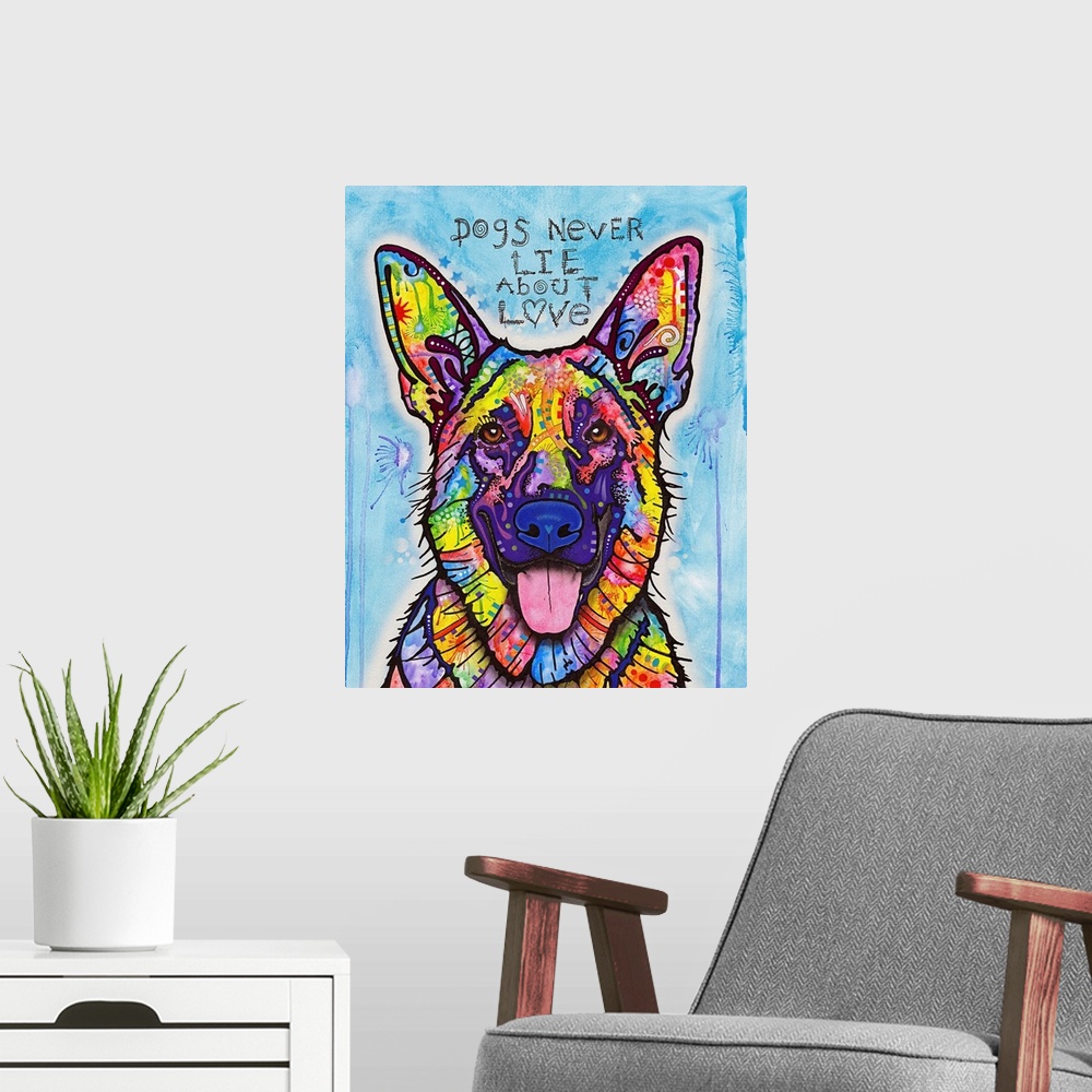 A modern room featuring "Dogs Never Lie About Love" handwritten above a colorful painting of a Belgian Sheepdog on a blue...