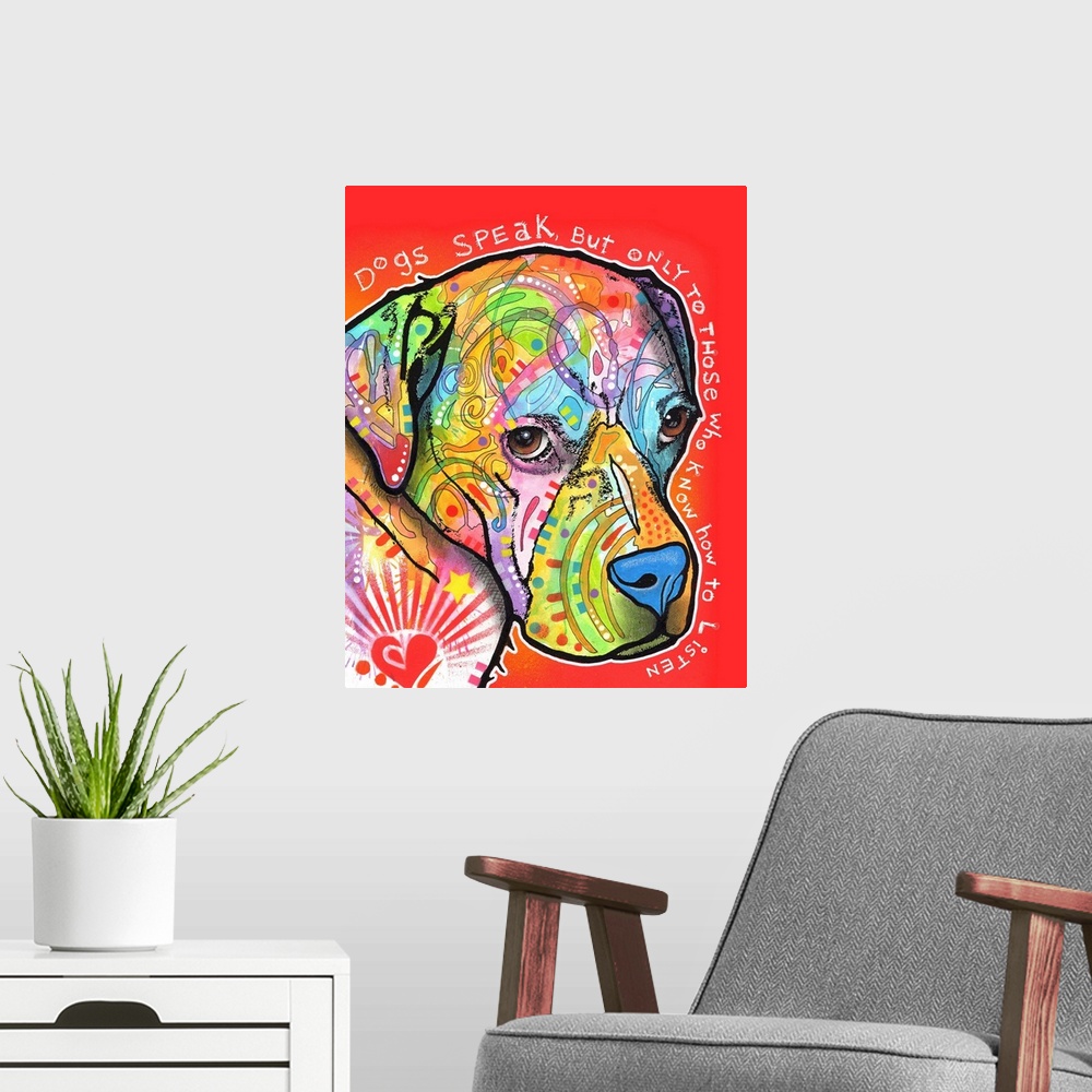 A modern room featuring "Dogs Speak, But Only to Those Who Know How to Listen" handwritten around a colorful painting of ...