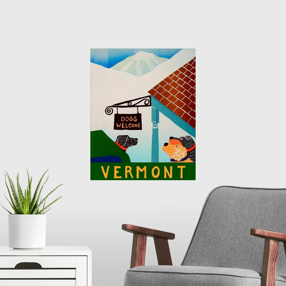 A modern room featuring Illustration of dogs outside of a building in Vermont on a snowy day looking up at a sign that re...