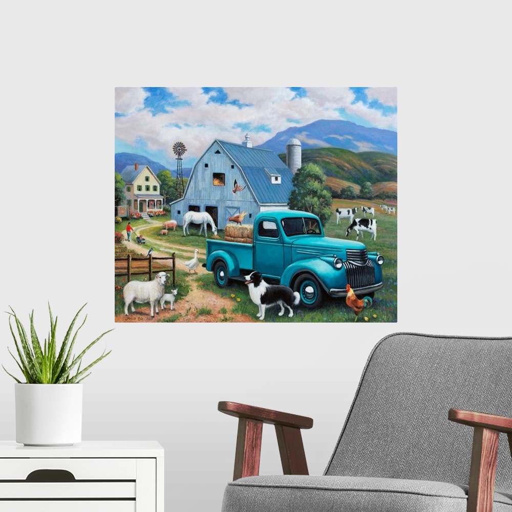 A modern room featuring Down At The Farm With A Blue Truck
