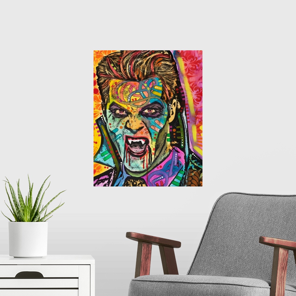 A modern room featuring Pop art style painting of Dracula in different colors and abstract designs.