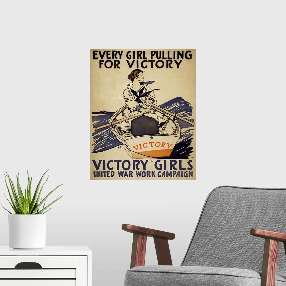 A modern room featuring Every Girl Pulling For Victory - Vintage Propaganda Poster