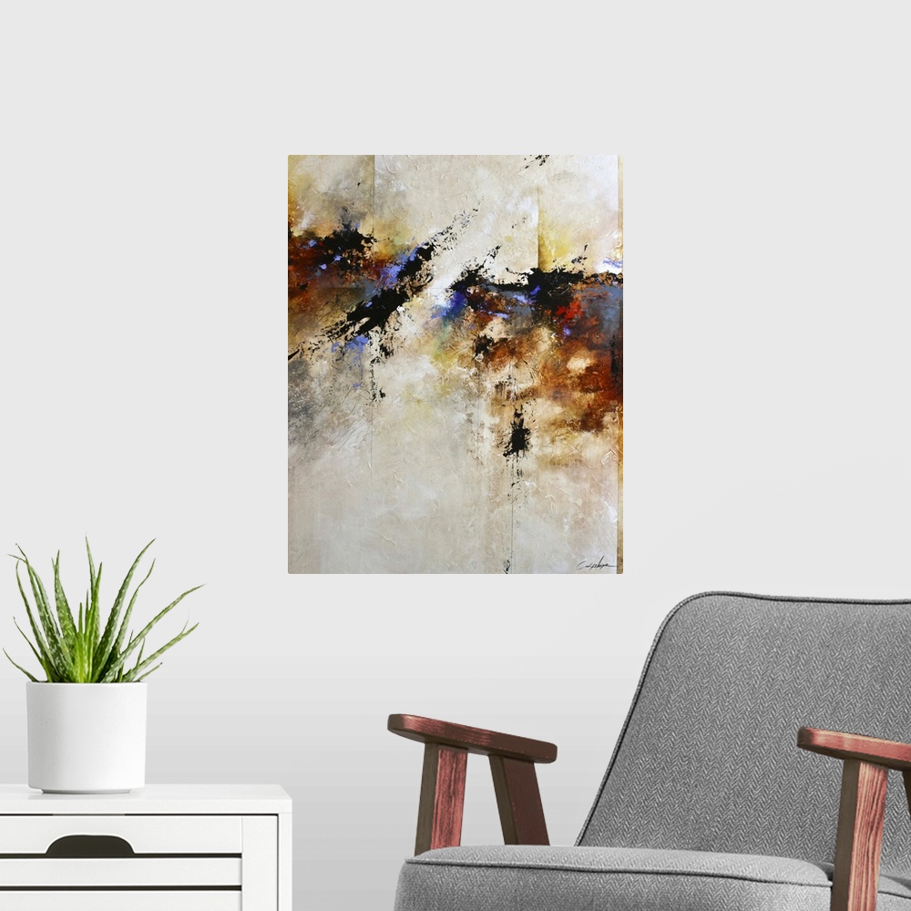 A modern room featuring Contemporary abstract painting in beige, blue, black, and amber.