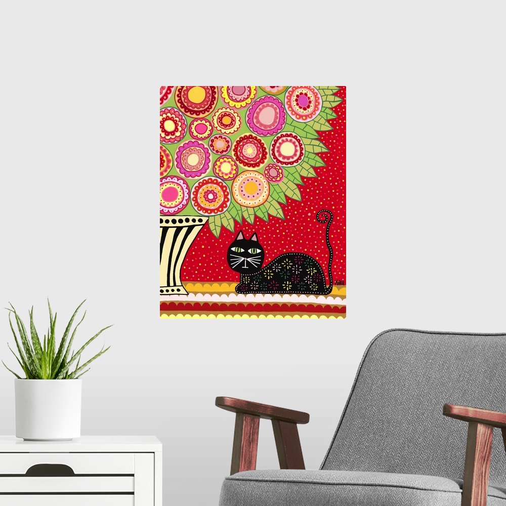 A modern room featuring Painting of a black cat sitting next to a vase with a bouquet of flowers.